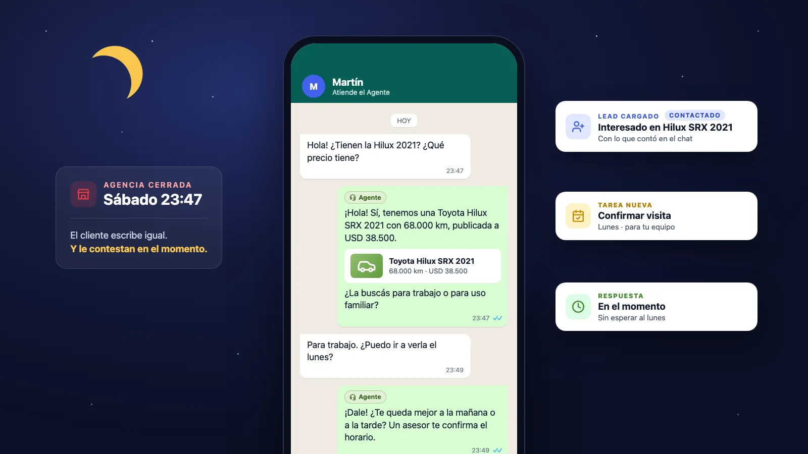 Chat de WhatsApp un sábado a las 23:47: el Agente de Ventas responde por una Toyota Hilux SRX 2021 con precio y kilometraje, carga el lead y deja la tarea Confirmar visita