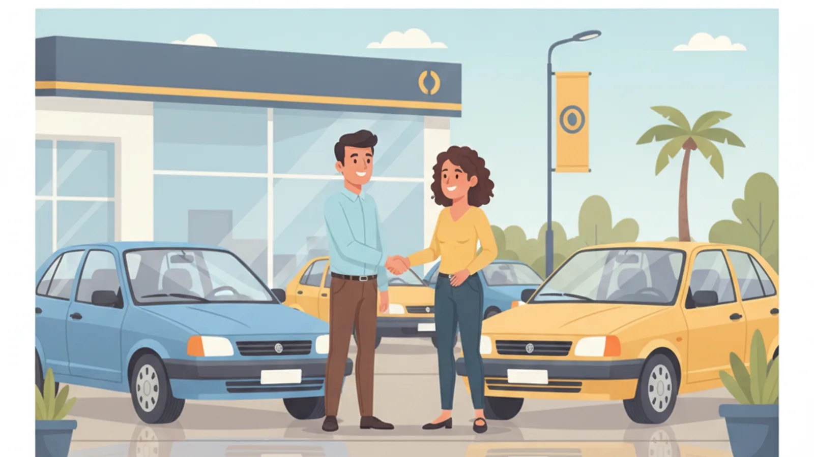 Vendedor y comprador conversando junto a autos usados en el lote de una concesionaria argentina