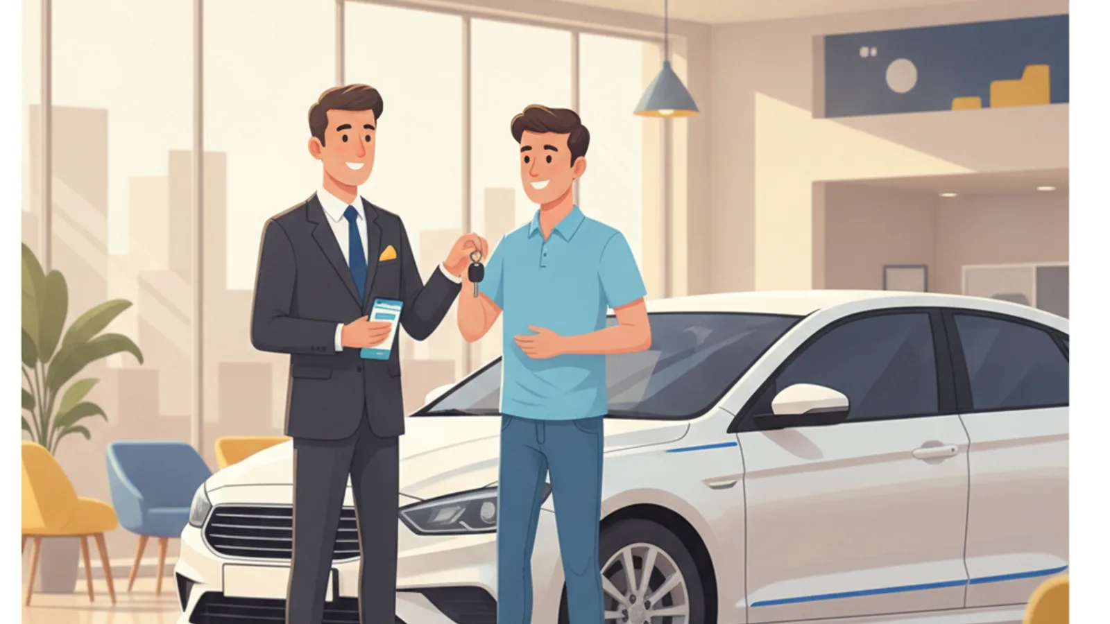 Vendedor cerrando una venta de auto con un comprador feliz tras coordinar todo por WhatsApp