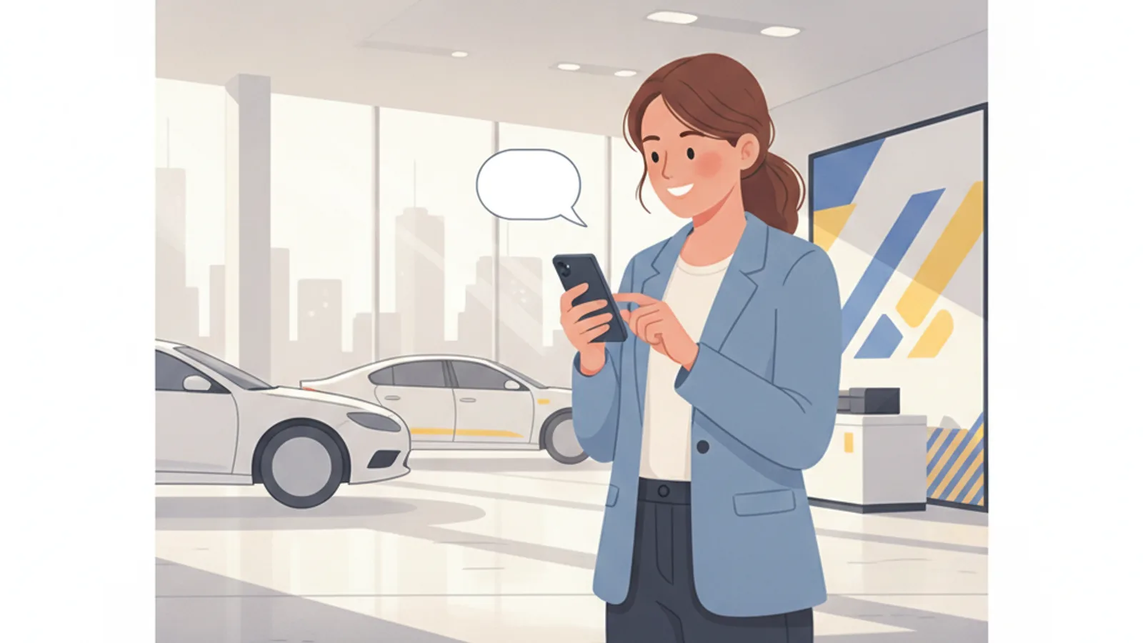 Vendedora de autos respondiendo a un comprador por WhatsApp desde el salón de la concesionaria